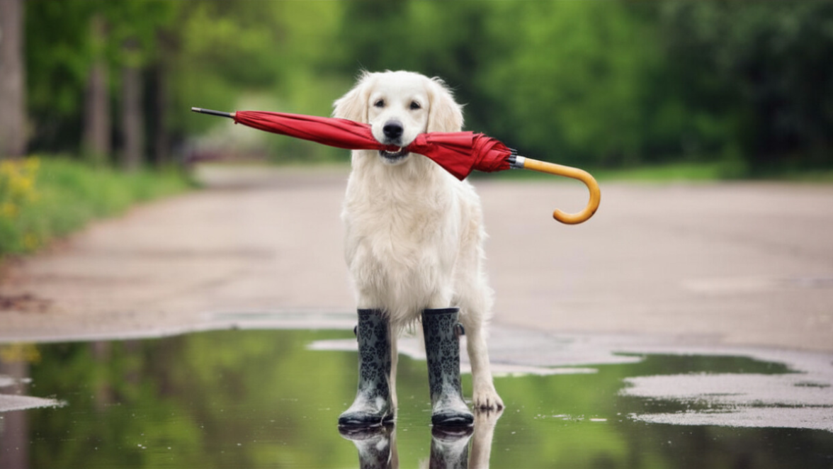 dog holding an umbrella in a puddle