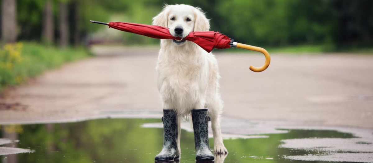 dog holding an umbrella in a puddle