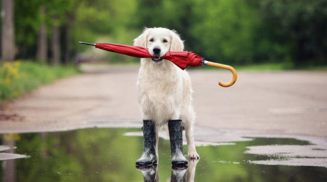 dog holding an umbrella in a puddle
